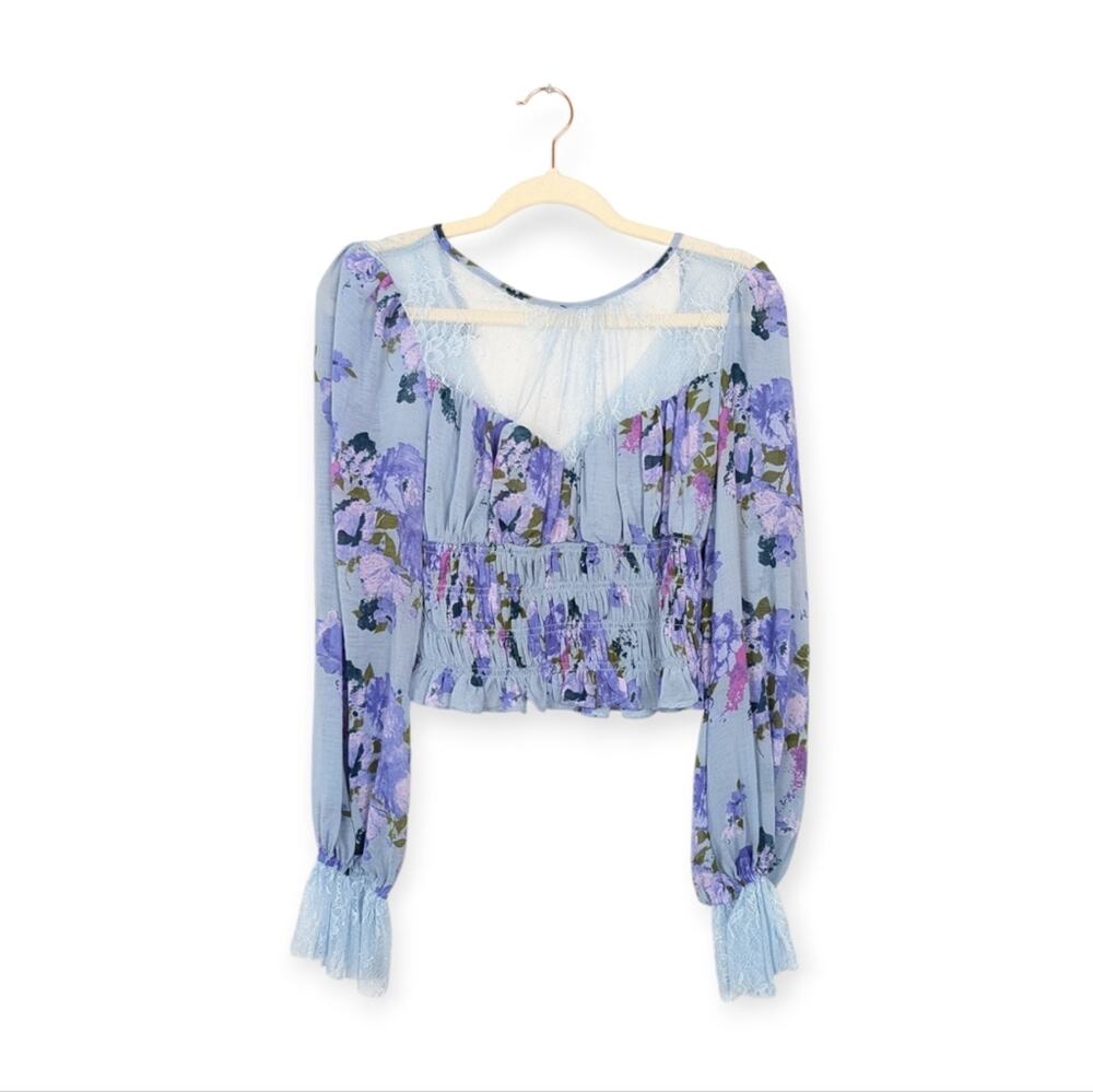 Free People Daphne Blouse S Blue Floral Lace Sheer Boho Romantic NWT